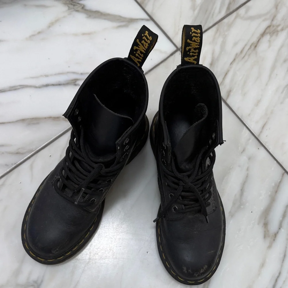 Dr. Martens Black Leather Lace-Up Ankle Boots with Yellow Stitching